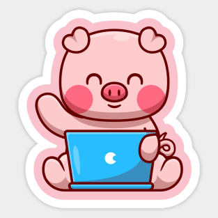 Cute Pig Working On Laptop Cartoon Sticker